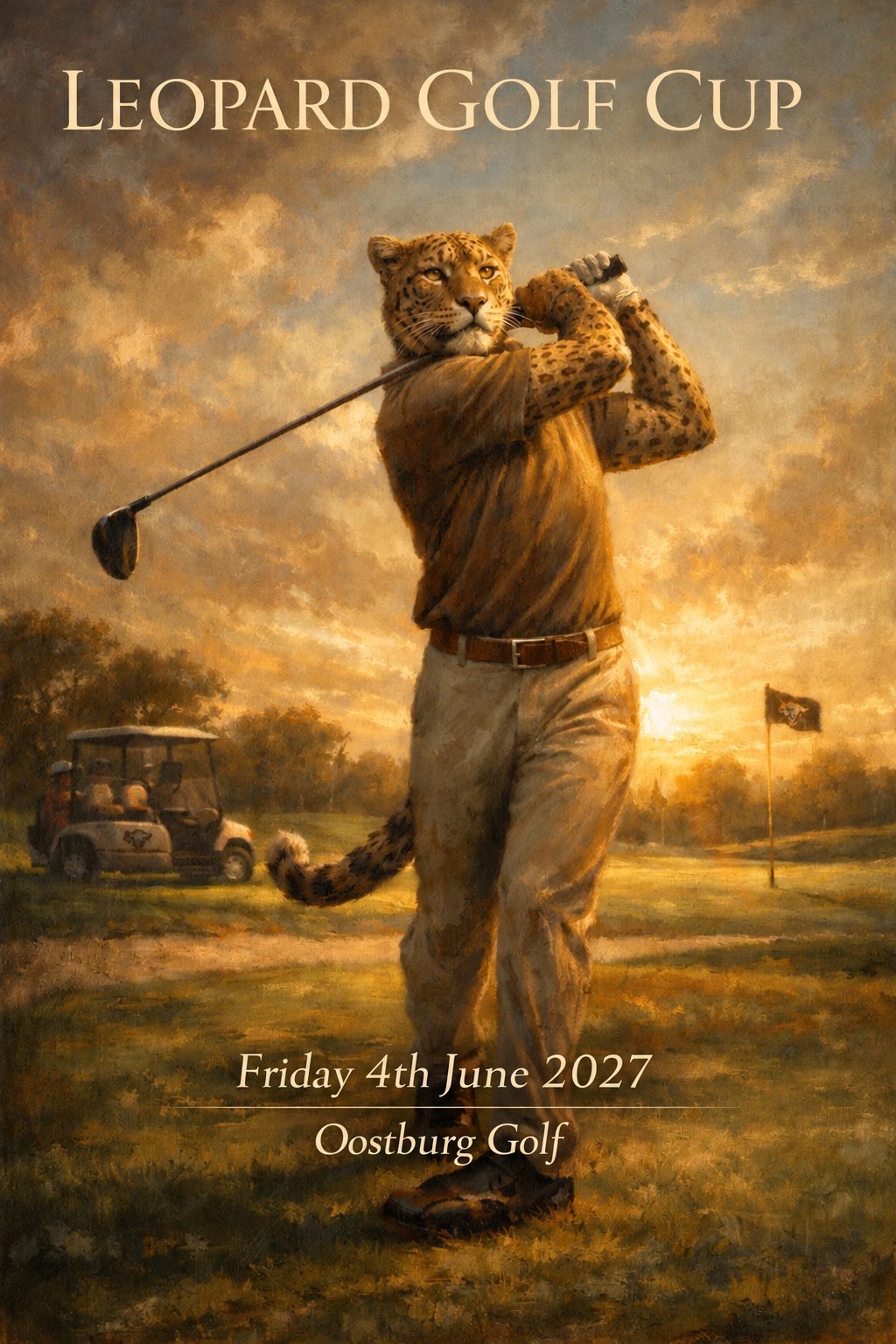Leopard Golf Cup poster: a leopard in golf attire finishing a drive at sunset, Friday 4th June 2027, Oostburg Golf